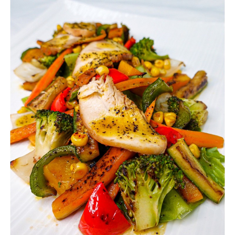 GRILLED MIXED VEGETABLE AND CHICKEN BREAST SALAD &PASSION FRUIT DRESSING